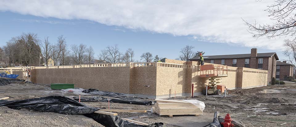 Workers building the new residence hall