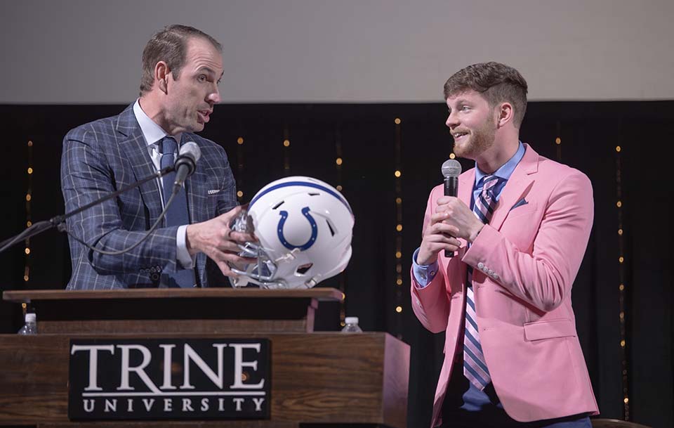 Shane Steichen and Michael Kruse with Indianapolis Colts football helmet