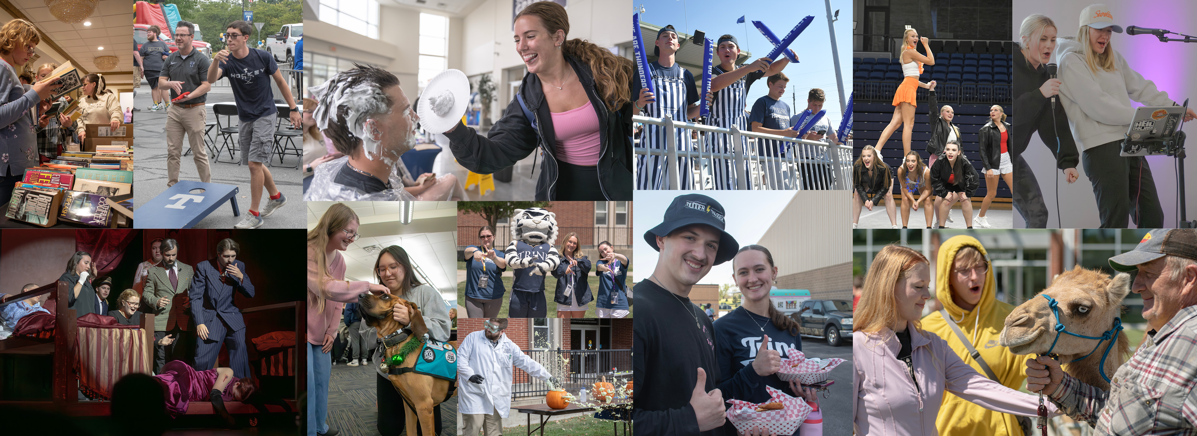 collage of trine students doing various activities around campus
